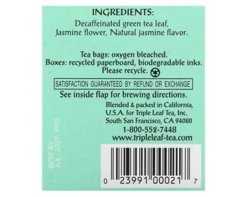 Triple Leaf Tea, Jasmine Decaf Green Tea, 20 Tea Bags, 1.34 oz (38 g)