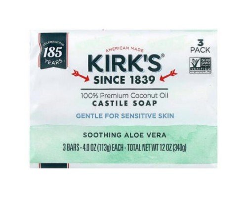 Kirk's, 100% Premium Coconut Oil Castile Bar Soap, Soothing Aloe Vera, 3 Bars, 4 oz (113 g) Each