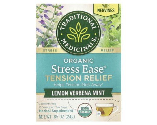 Traditional Medicinals, Organic Stress Ease® Tension Relief, Lemon Verbena Mint, Caffeine Free, 16 Wrapped Tea Bags, 0.85 oz (24 g)