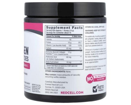 NeoCell, Advanced Collagen Peptides + Hyaluronic Acid & Vitamin C, Unflavored, 6.9 oz (195 g)
