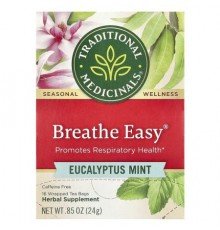 Traditional Medicinals, Breathe Easy®, Eucalyptus Mint, Caffeine Free, 16 Wrapped Tea Bags, 0.85 oz (24 g)
