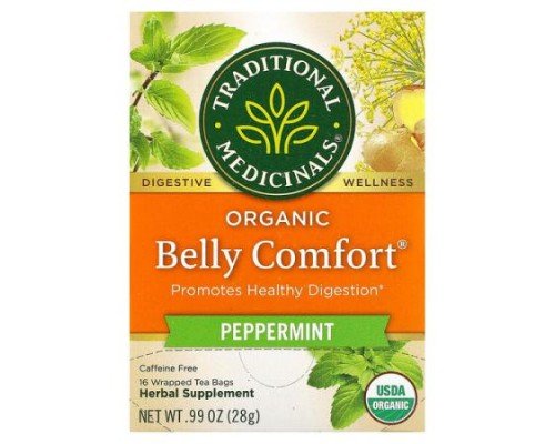 Traditional Medicinals, Organic Belly Comfort, Peppermint, Caffeine Free, 16 Wrapped Tea Bags, 0.99 oz (28 g)