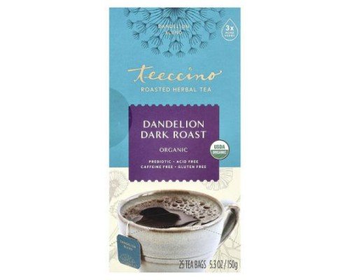 Teeccino, Organic Roasted Herbal Tea, Dandelion Dark Roast, Caffeine Free, 25 Tea Bags, 5.3 oz (150 g)
