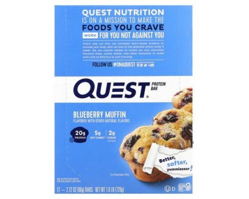 Quest Nutrition, Protein Bar, Blueberry Muffin, 12 Bars, 2.12 oz (60 g) Each