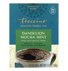 Teeccino, Roasted Herbal Tea, Dandelion Mocha Mint, Caffeine Free, 10 Tea Bags, 2.12 oz (60 g)