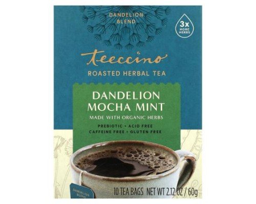 Teeccino, Roasted Herbal Tea, Dandelion Mocha Mint, Caffeine Free, 10 Tea Bags, 2.12 oz (60 g)