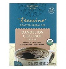 Teeccino, Organic Roasted Herbal Tea, Dandelion Coconut, Caffeine Free, 10 Tea Bags, 2.12 oz (60 g)