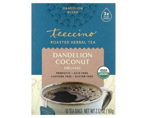 Teeccino, Organic Roasted Herbal Tea, Dandelion Coconut, Caffeine Free, 10 Tea Bags, 2.12 oz (60 g)