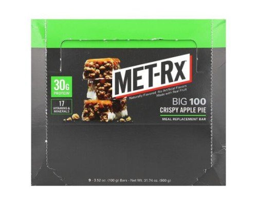 MET-Rx, Big 100, Meal Replacement Bar, Crispy Apple Pie, 9 Bars, 3.52 oz (100 g) Each
