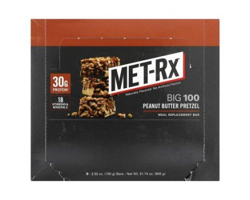 MET-Rx, Big 100, Meal Replacement Bar, Peanut Butter Pretzel, 9 Bars, 3.52 oz (100 g) Each