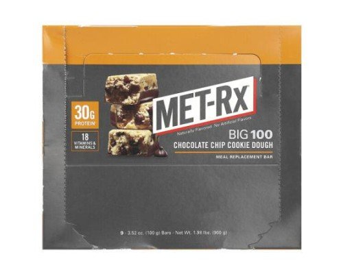 MET-Rx, Big 100, Meal Replacement Bar, Chocolate Chip Cookie Dough, 9 Bars, 3.52 oz (100 g) Each