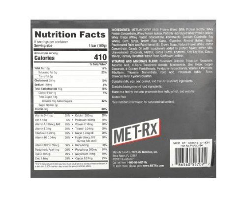 MET-Rx, Big 100, Meal Replacement Bar, Chocolate Chip Cookie Dough, 9 Bars, 3.52 oz (100 g) Each