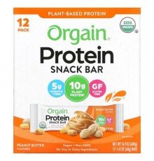 Orgain, Organic Plant-Based Protein Bar, Peanut Butter, 12 Bars, 1.41 oz (40 g) Each