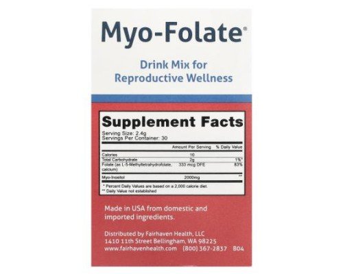 Fairhaven Health, Myo-Folate®, Drink Mix for Reproductive Wellness, Unflavored, 30 Packets, 2.4 g Each