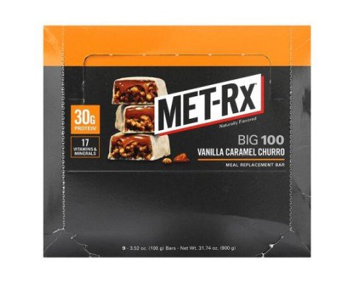 MET-Rx, Big 100, Meal Replacement Bar, Vanilla Caramel Churro, 9 Bars, 3.52 oz (100 g) Each