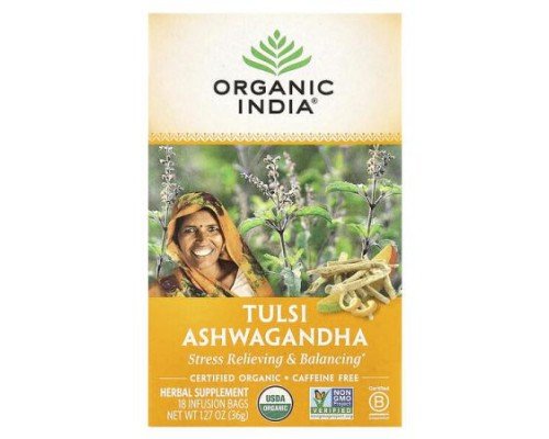 Organic India, Tulsi Tea, Ashwagandha, Caffeine Free, 18 Infusion Bags, 1.27 oz (36 g)