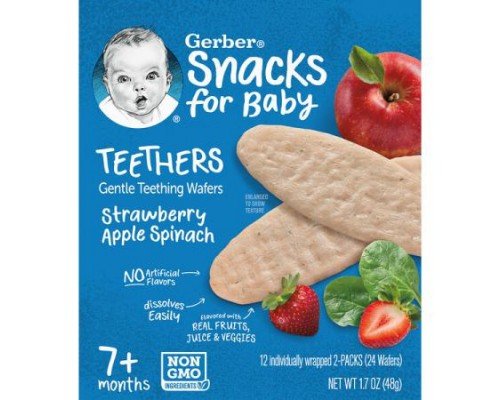 Gerber, Snacks for Baby, Teethers, Gentle Teething Wafers, 7+ Months, Strawberry Apple Spinach, 12 Individually Wrapped 2-Packs, 2 Wafers Each