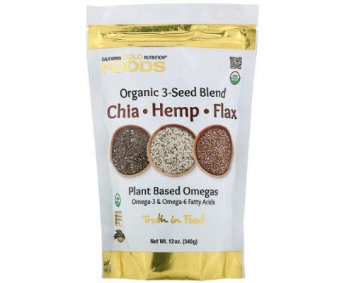 California Gold Nutrition, Organic 3-Seed Blend, Plant-based Omegas, with Ancient Seeds of Chia, Hemp and Flax, 12 oz (340 g)