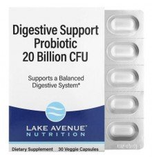 Lake Avenue Nutrition, Digestive Support Probiotic, Probiotic & Prebiotic Blend with Lactobacillus rhamnosus GG, 20 Billion CFUs, 30 Veggie Capsules